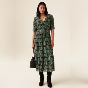 BA&SH Fine Printed Midi Dress In Green $420 Nwot New 4 Small